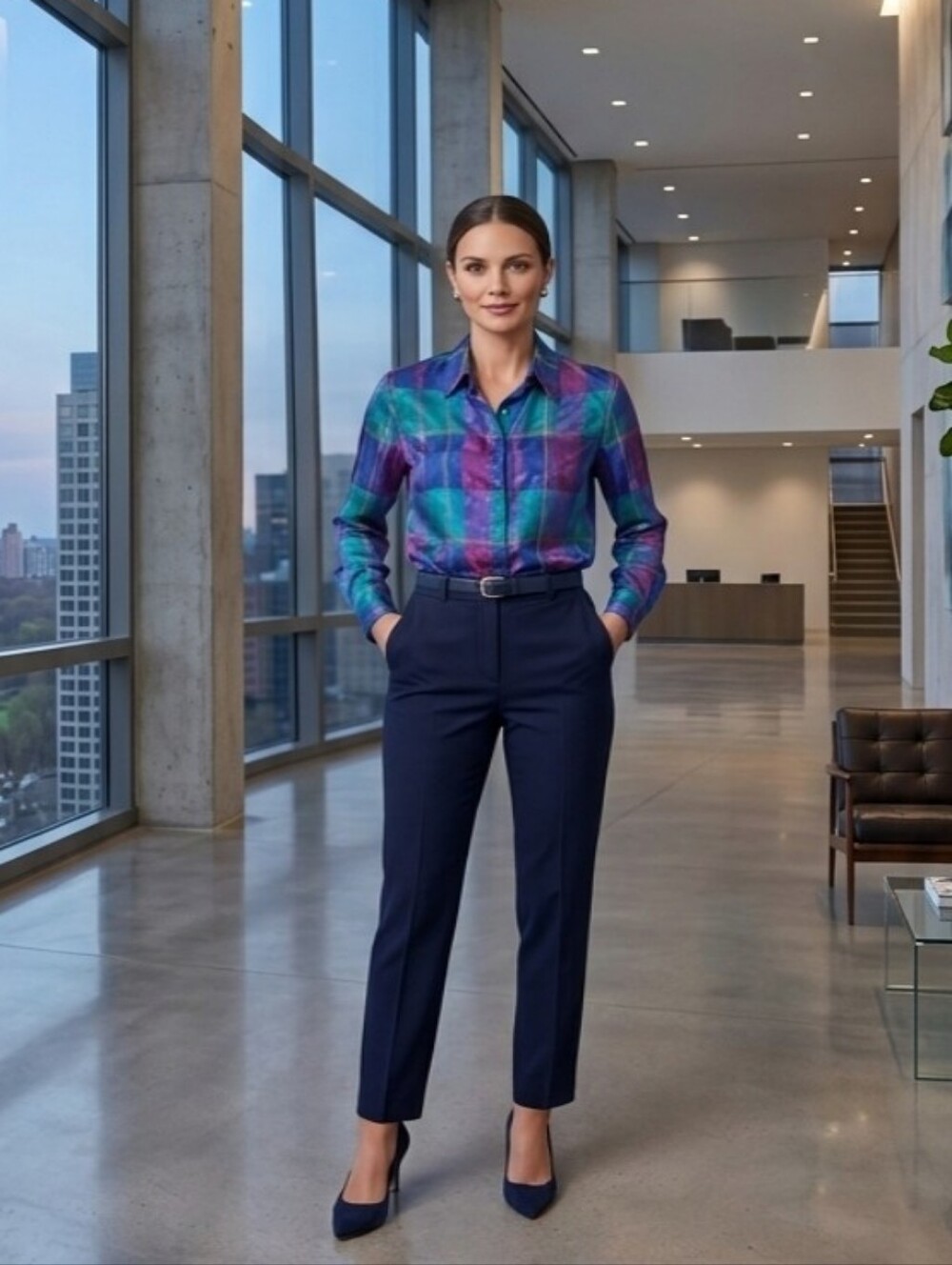 **Vintage Blue and Purple Plaid Button Down Blouse** - Picture 2 of 15